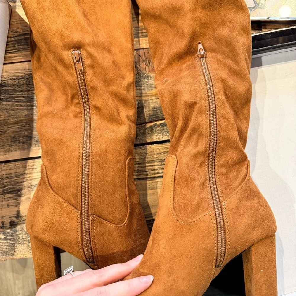 Francescas Over The Knee Brown Suede Heeled Boots